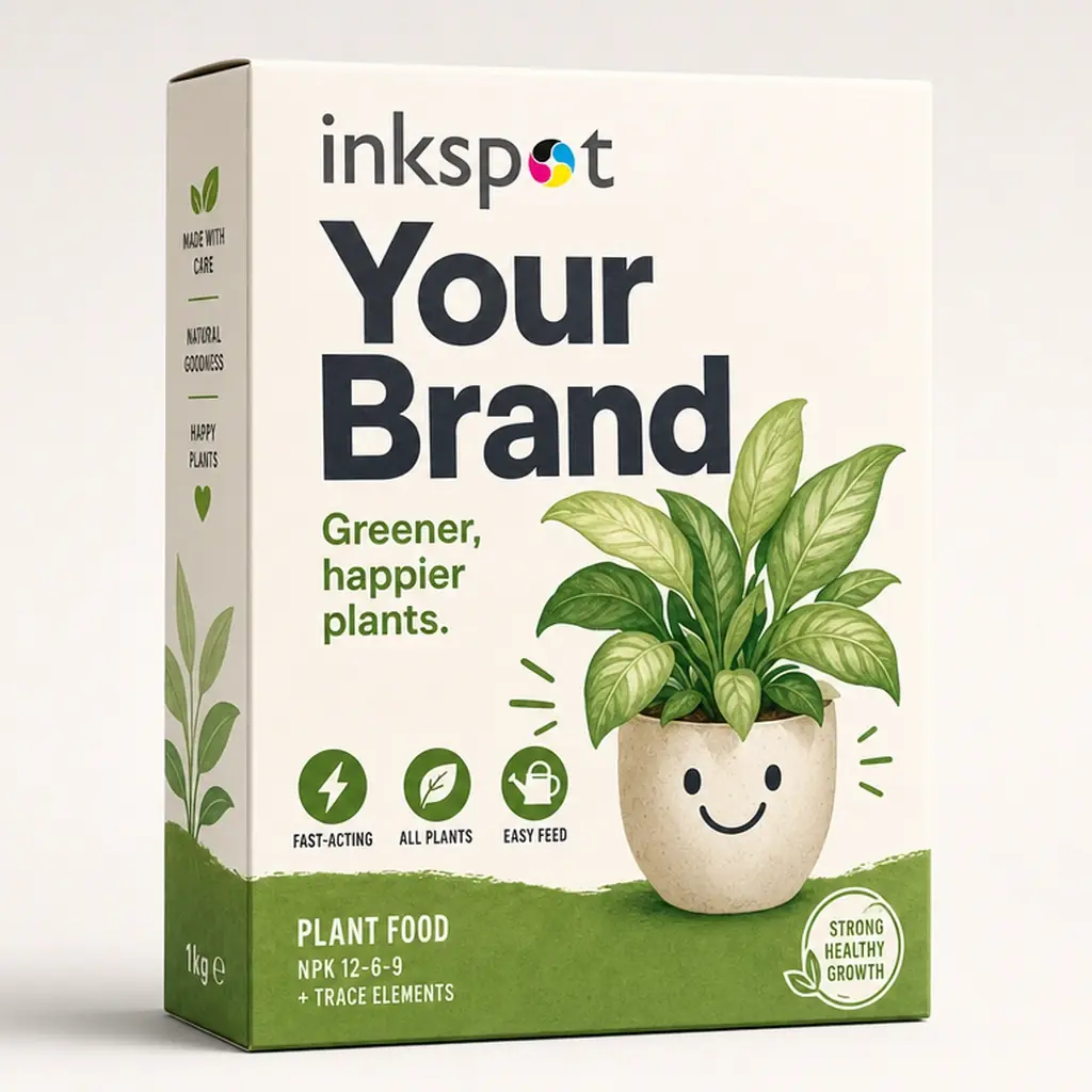 A white and green folding carton of plant food illustrated with a potted plant.