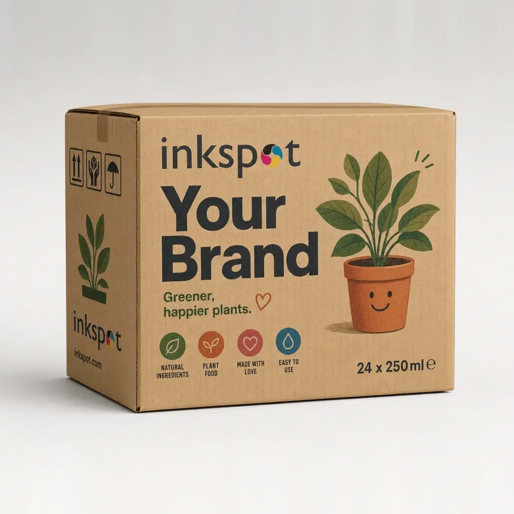 A kraft corrugated case for twenty-four bottles of plant food.