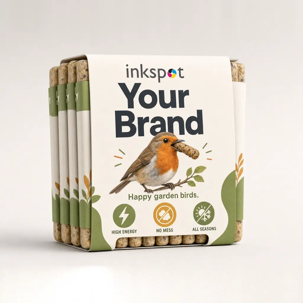 Five suet sticks held in a printed board sleeve illustrated with a robin.