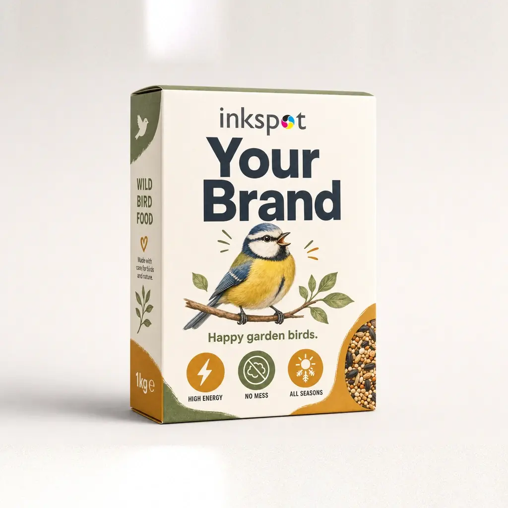 A cream folding carton of wild bird food illustrated with a blue tit.