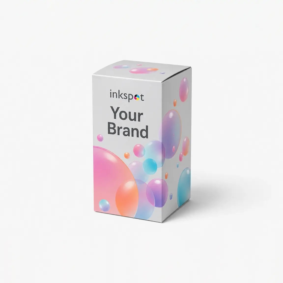 A white carton printed with a soft gradient bubble illustration wrapping around two faces.