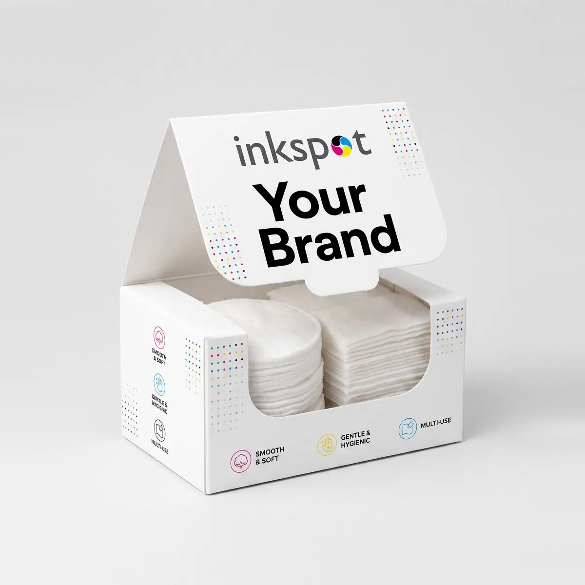 A printed counter display unit with a header card, filled with cotton pads.