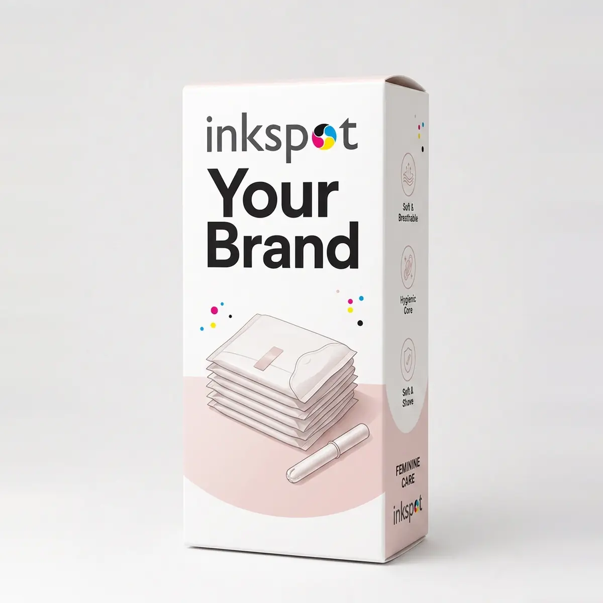 A pale pink and white folding carton for feminine care products.