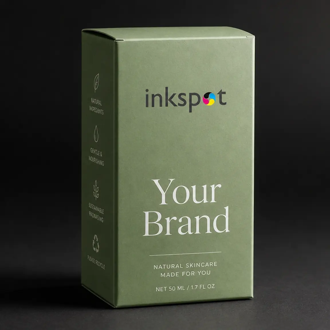 A sage green carton for a natural skincare wash, printed with icons down the side panel.
