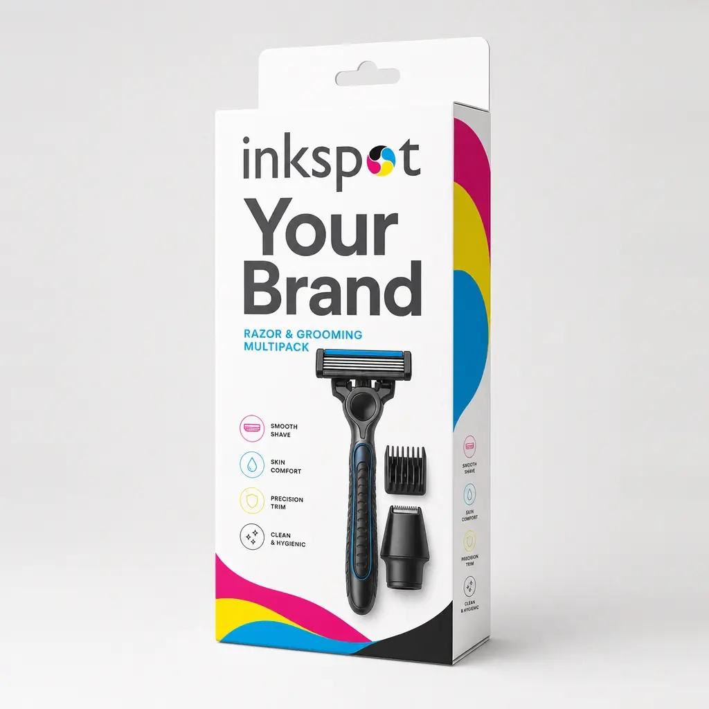 A tall carton for a razor and grooming multipack with the product visible through a window.