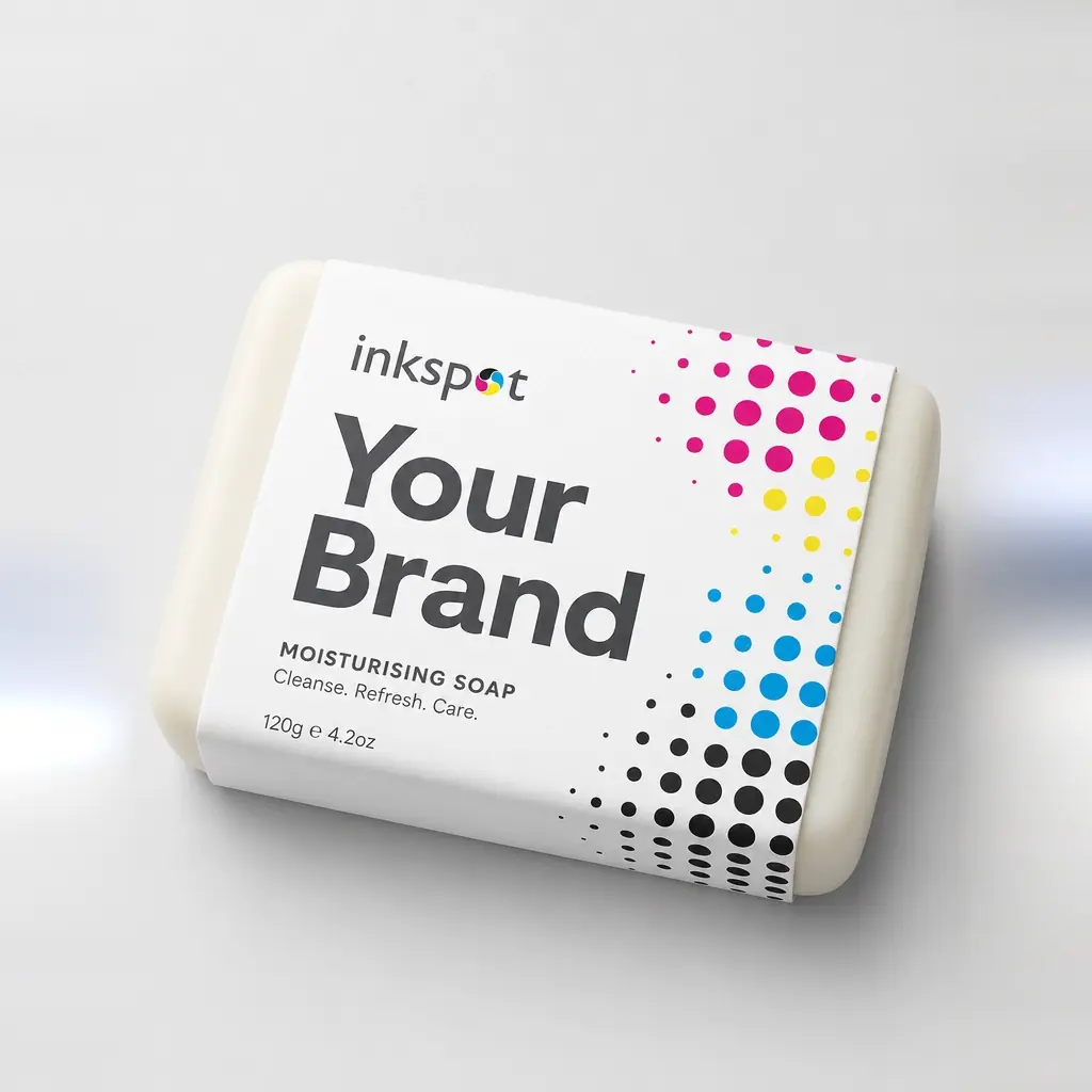 A bar of soap wrapped in a printed paper band with a halftone dot pattern.