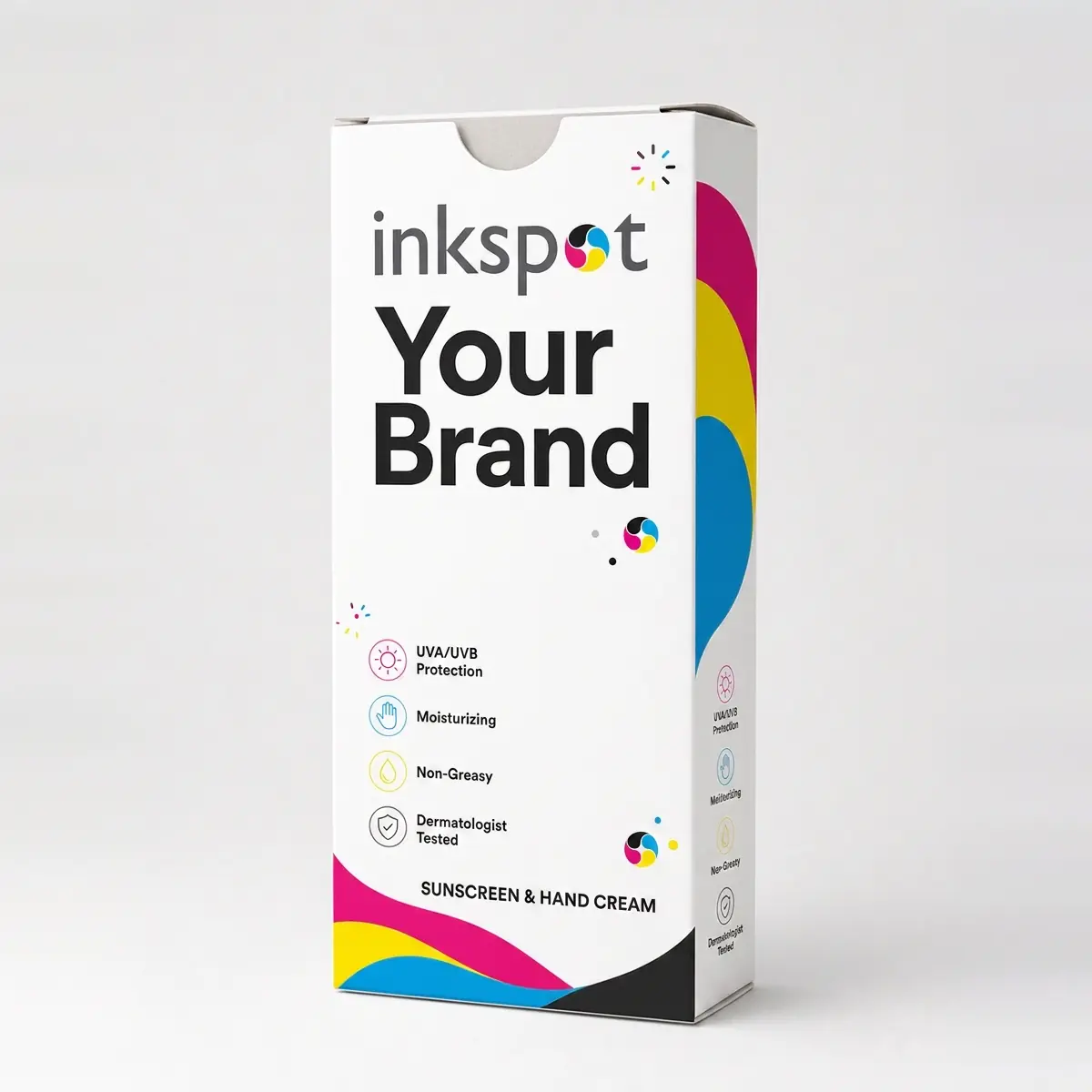 A tall white folding carton for sunscreen and hand cream with a four-colour swoosh.