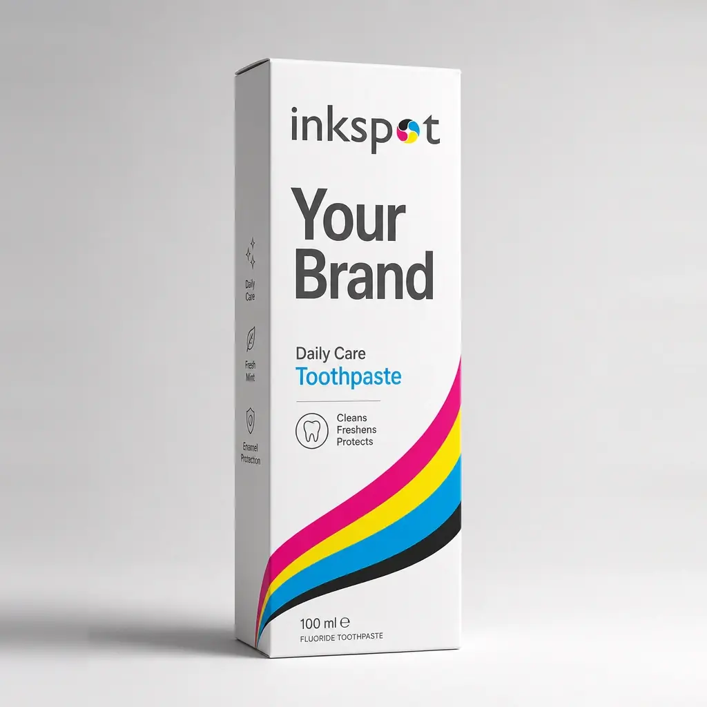 A slim white toothpaste carton printed with a four-colour ribbon graphic.