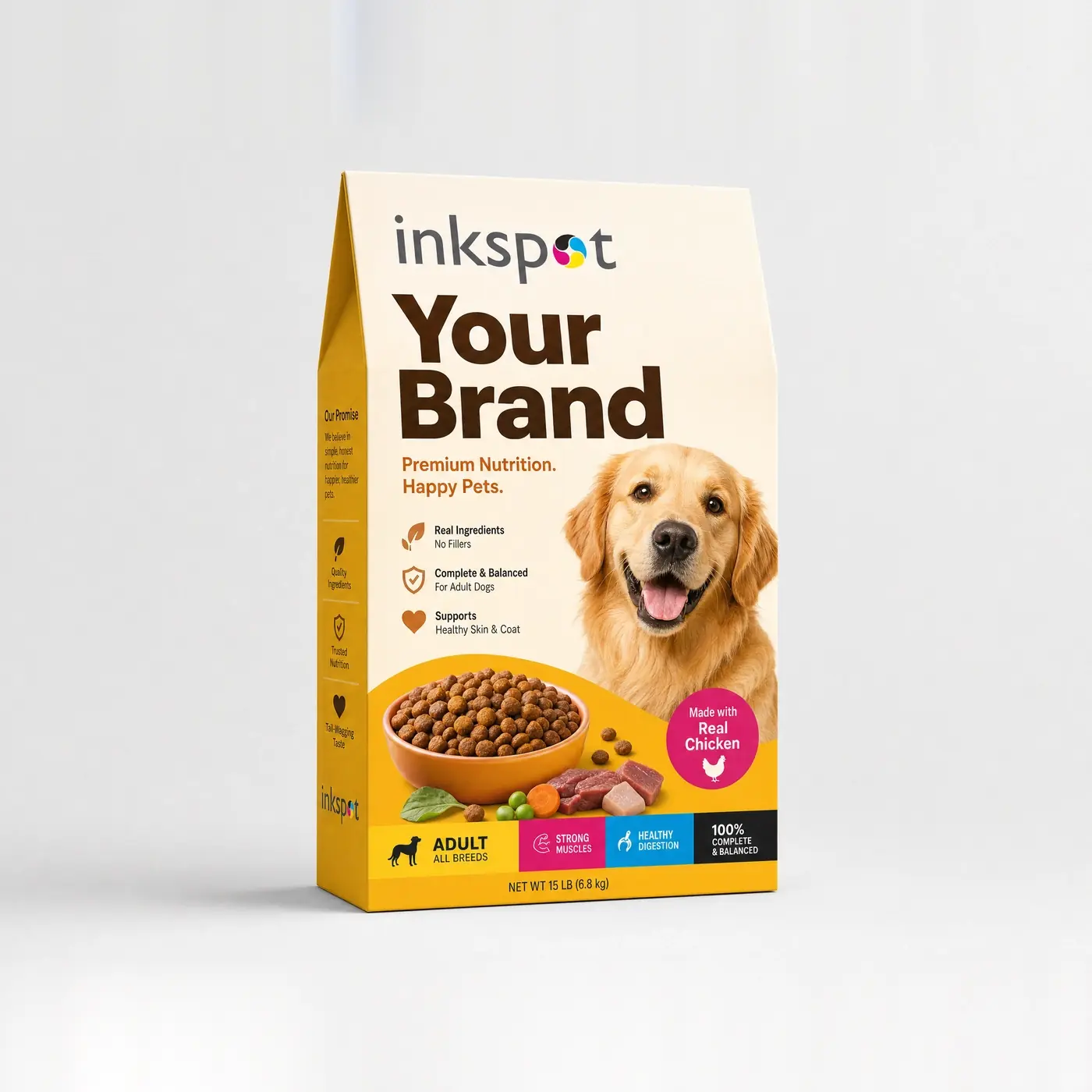 A bag of dry dog food printed with a golden retriever and a claims panel.