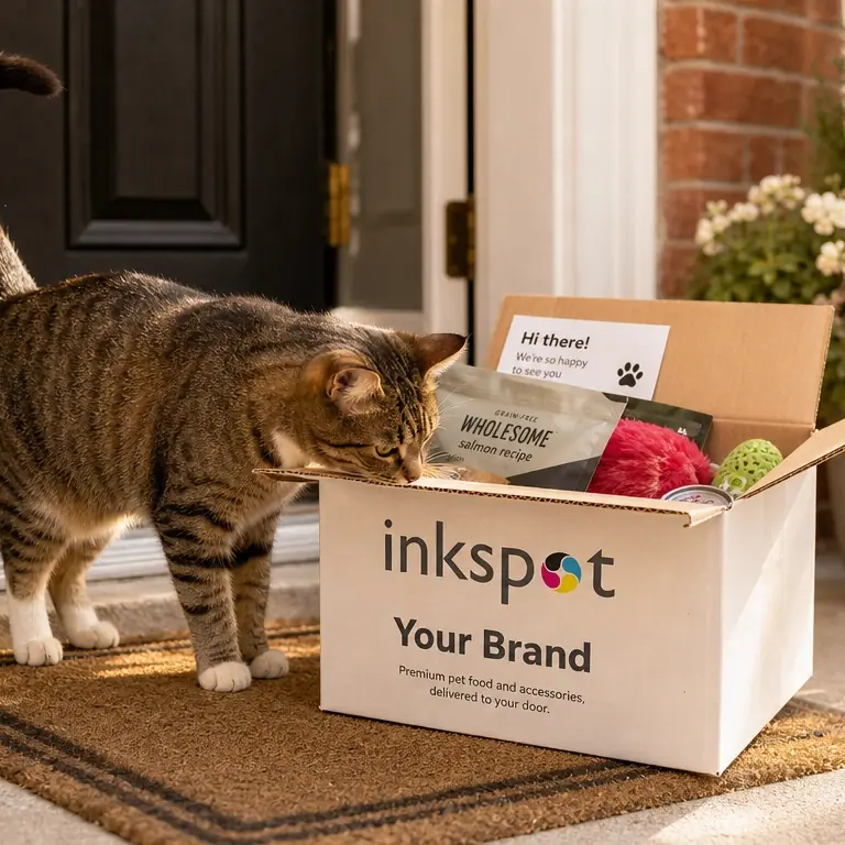 A tabby cat investigating an open printed delivery box on a doorstep.