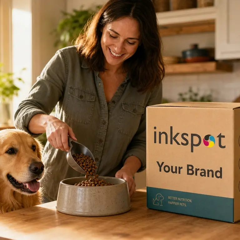 A woman filling a dog bowl in a kitchen beside an open printed delivery box.