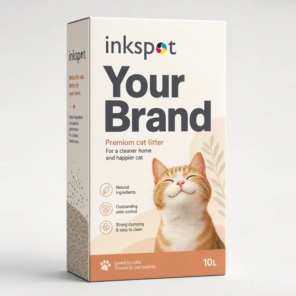 A tall folding carton for ten litres of cat litter.