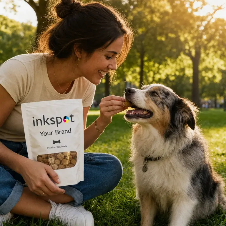A woman in a park giving a treat to a dog, holding a printed treat pack.