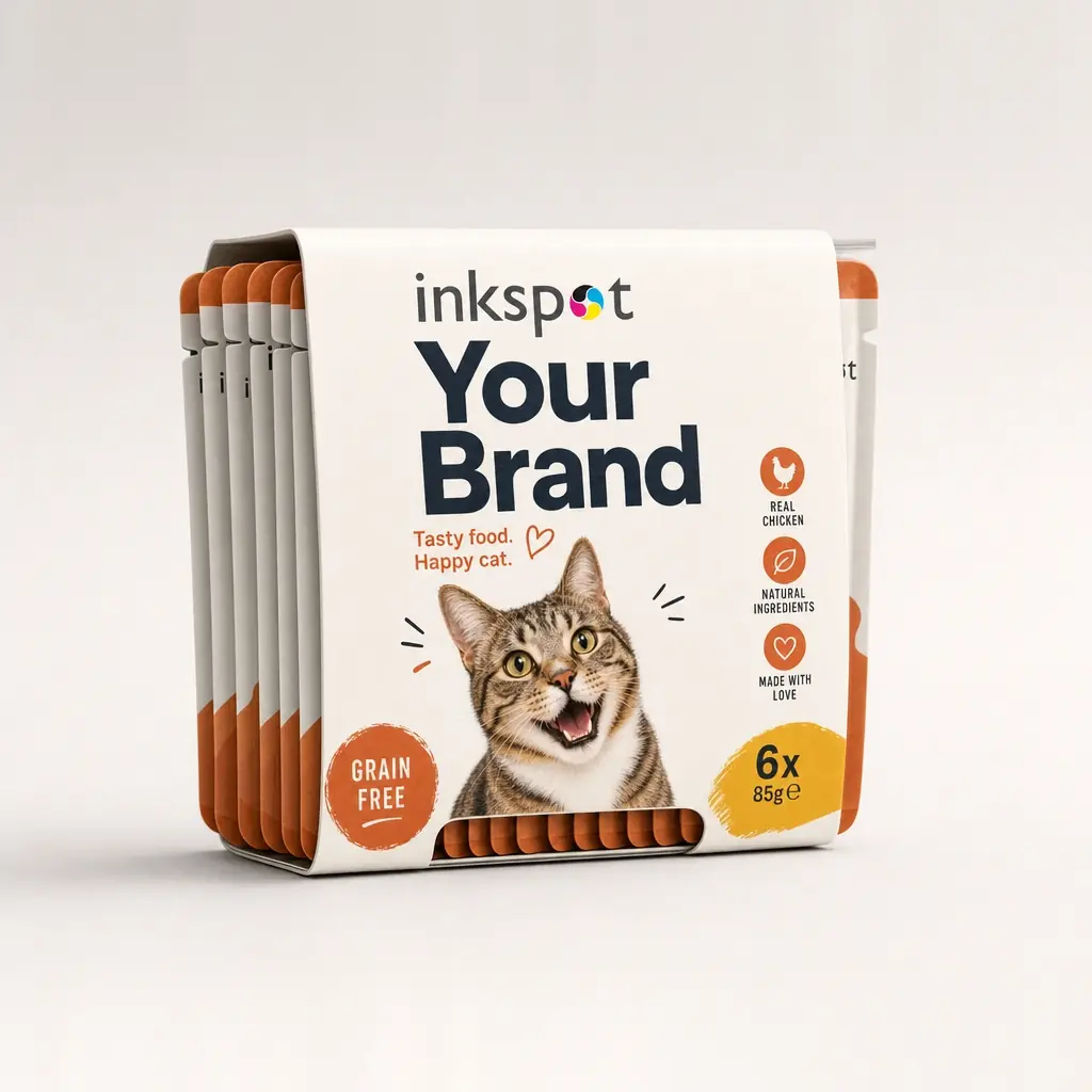Six wet cat food pouches held in a printed board multipack band.