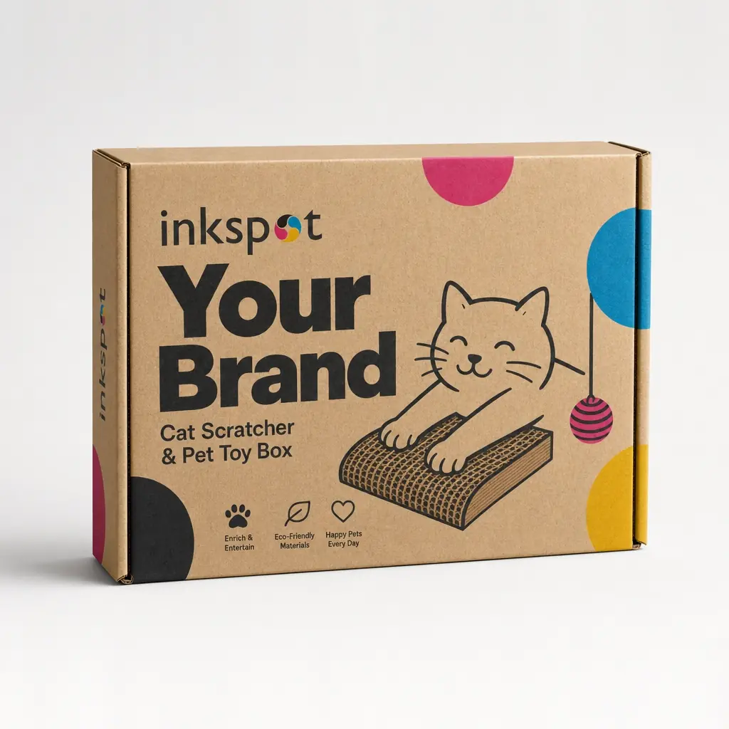 A kraft corrugated box for a cat scratcher and toy set, printed with process colour dots.