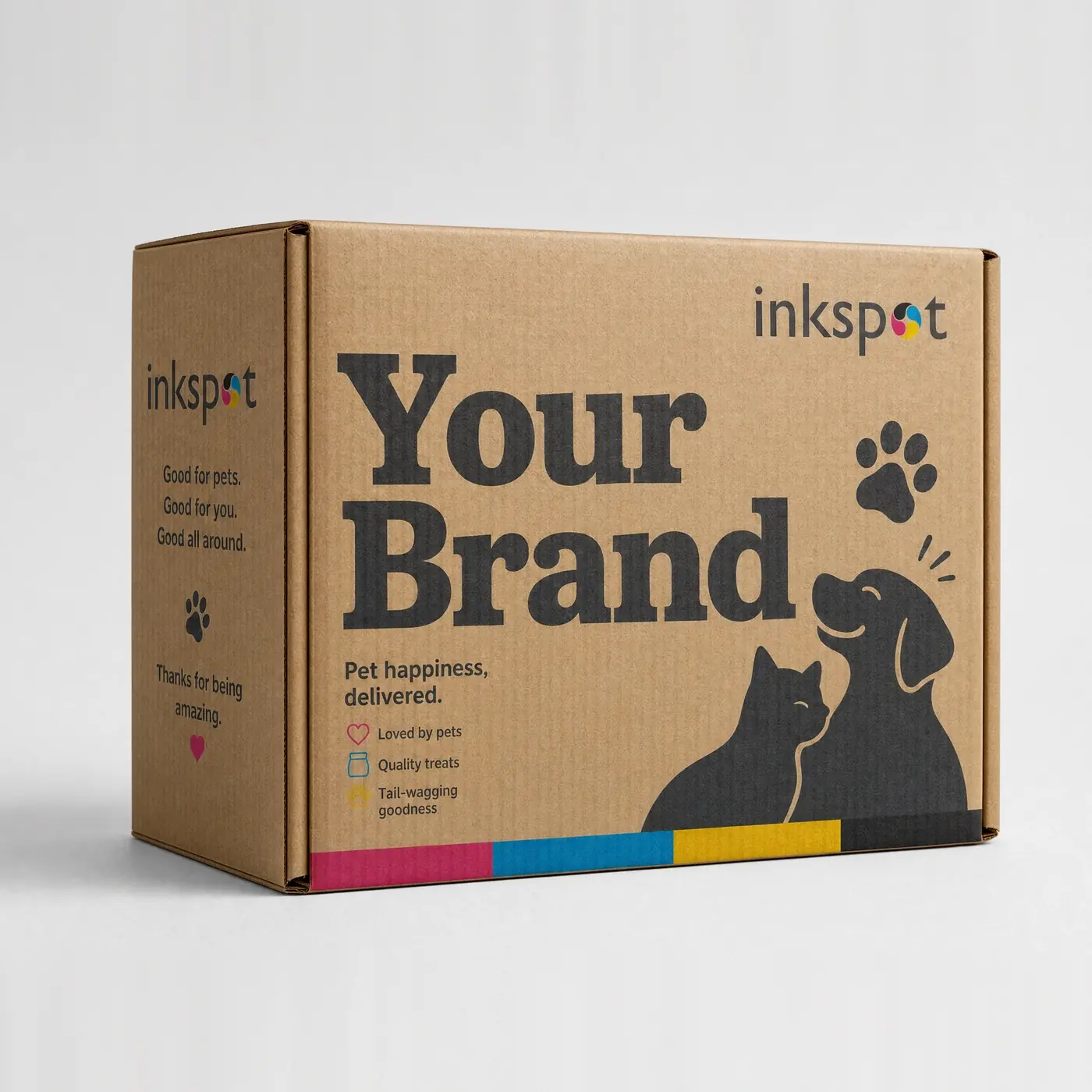 A kraft corrugated subscription box printed with cat and dog silhouettes and a process ink bar.