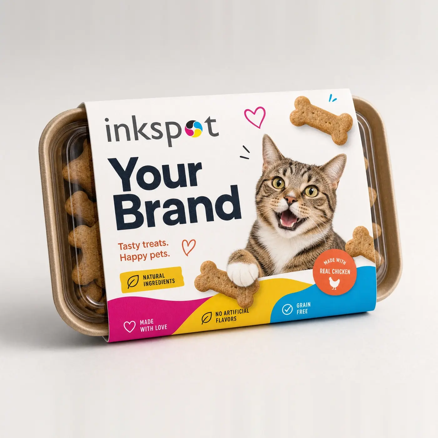 A printed lidded tray of cat treats with a cat photographed on the front.