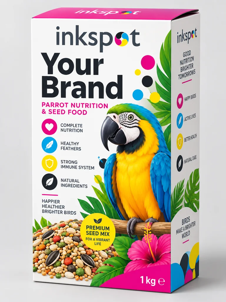 A brightly printed carton of parrot seed food, illustrated with a macaw.