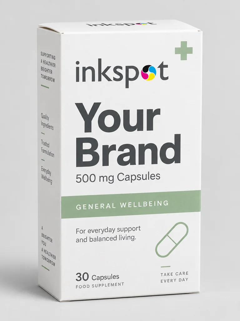 A white folding carton for thirty 500 mg capsules with a green band.