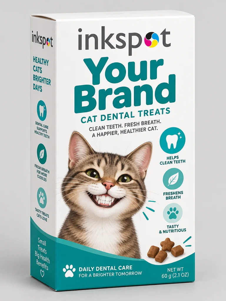A teal folding carton of dental treats for cats, with a smiling cat on the front.