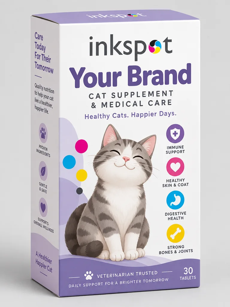 A lilac folding carton of a supplement for cats, illustrated with a sitting cat.