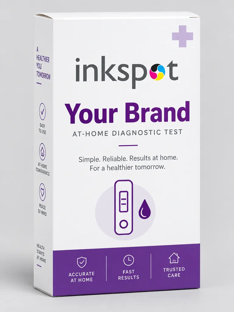 A white and purple folding carton for a diagnostic test kit.