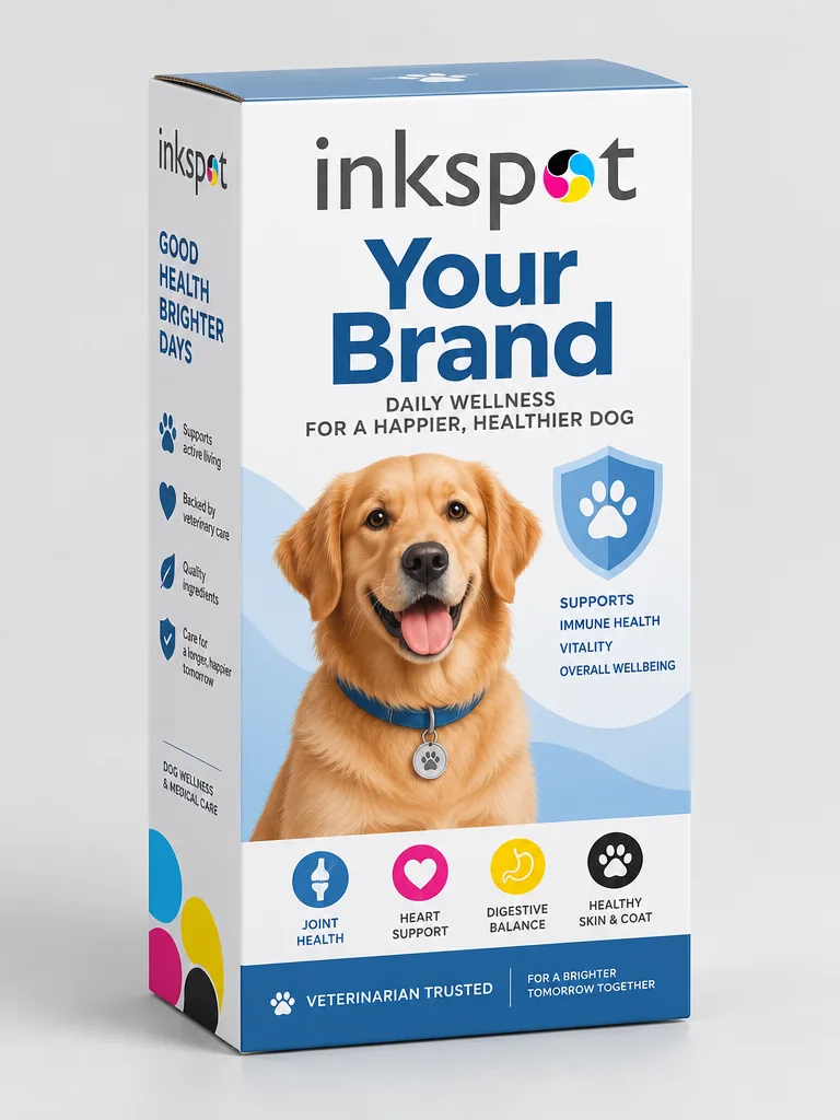 A blue and white folding carton of daily wellness tablets for dogs, with a golden retriever on the front.