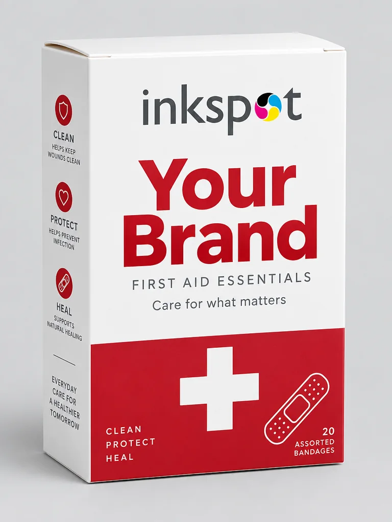 A white and red folding carton of first aid essentials.