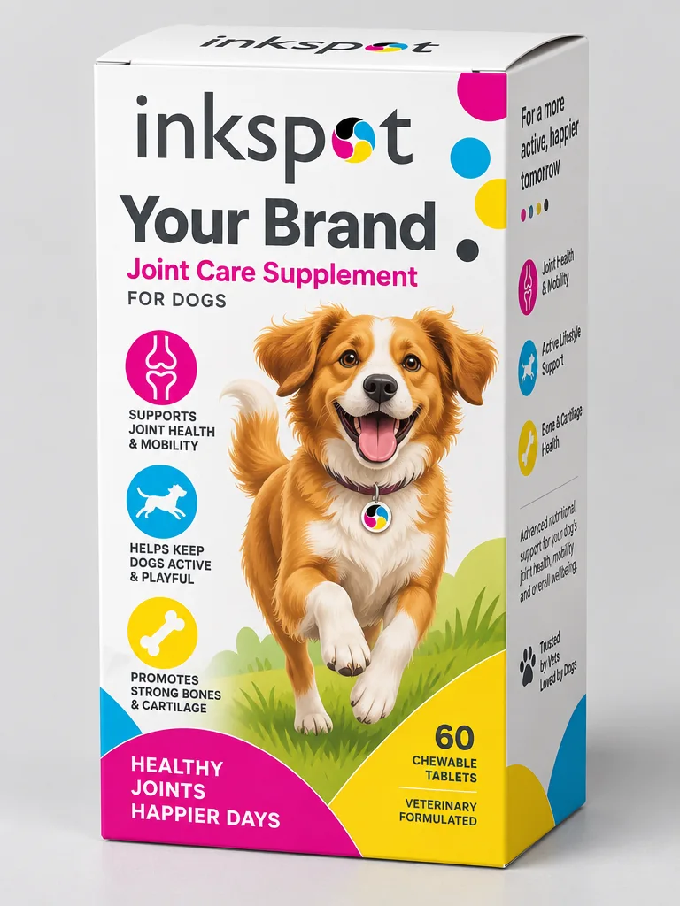 A folding carton of chewable joint care tablets for dogs, illustrated with a running dog.