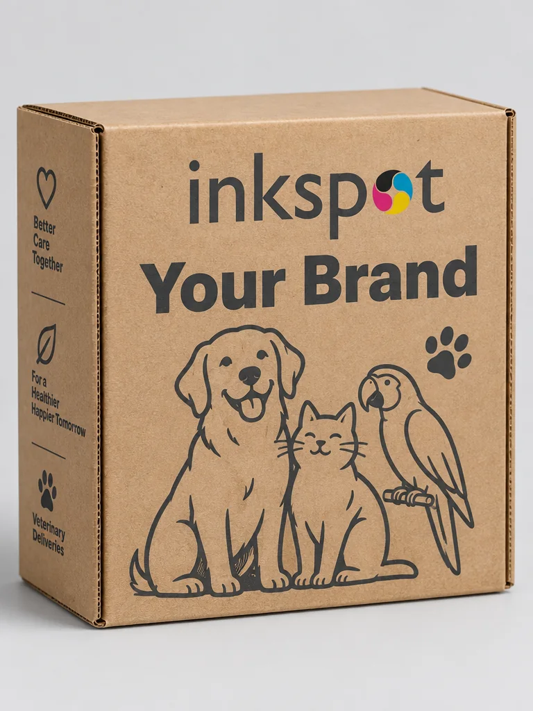 A kraft corrugated delivery box printed with a line drawing of a dog, a cat and a parrot.