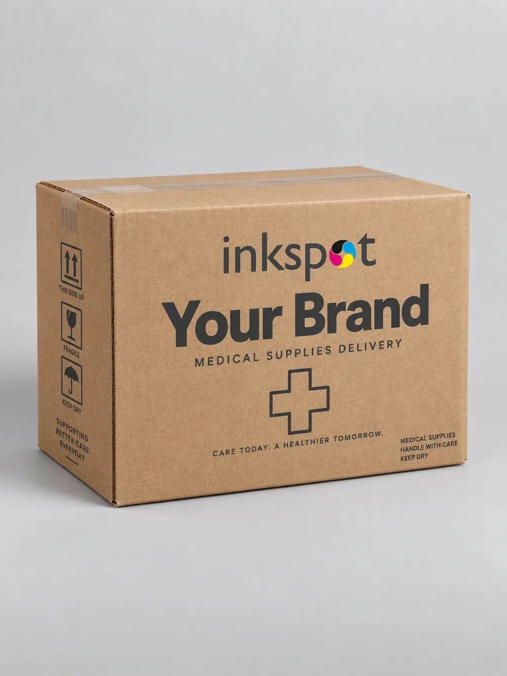A kraft corrugated shipper printed for medical supplies delivery.