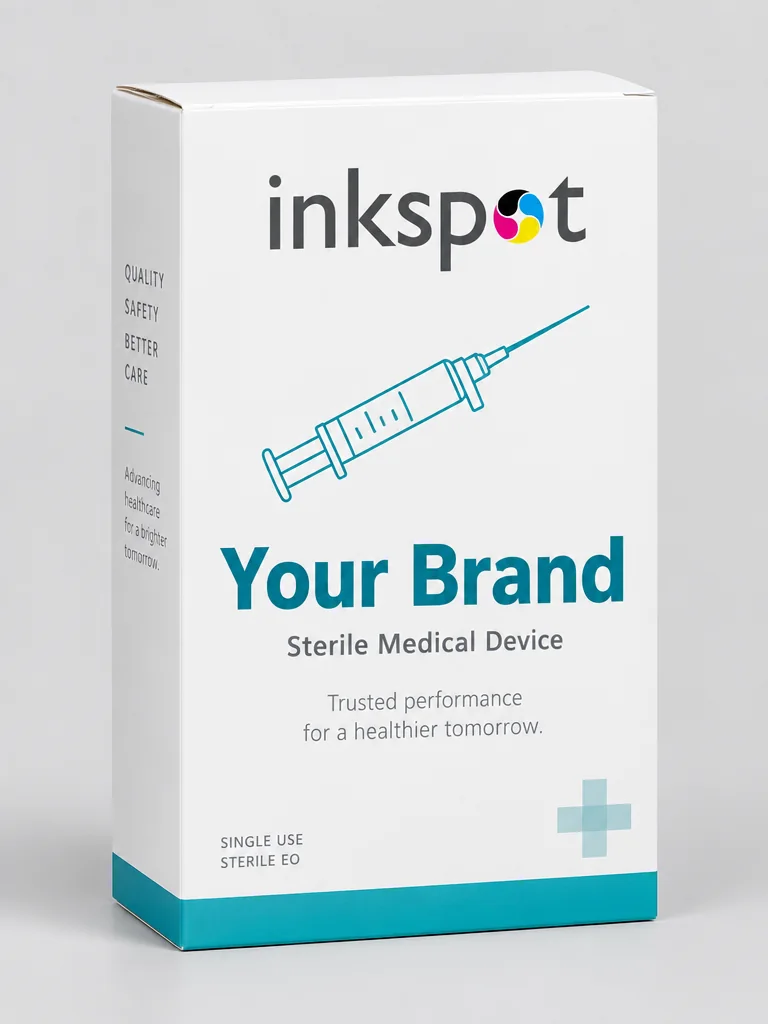A white folding carton for a single-use sterile device, printed in teal.