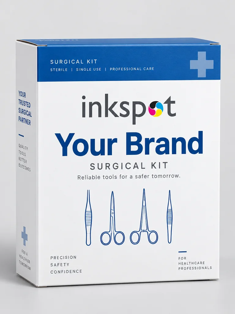 A white and blue folding carton for a surgical kit, with instrument line drawings.