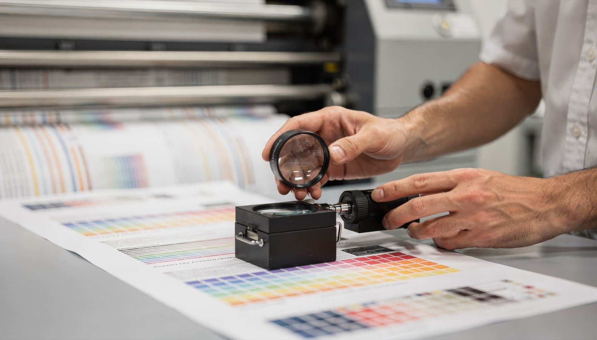A printer examining a press sheet of colour control patches with a loupe and a spectrophotometer.