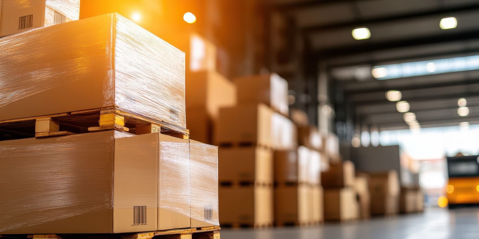 Shrink-wrapped cartons stacked on pallets in a warehouse, with racking receding into the background.