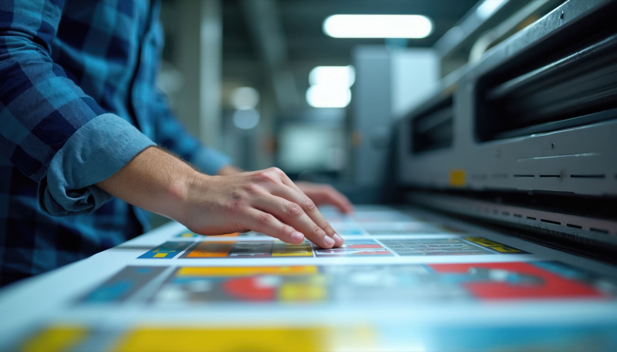 A press operator checking an imposed printed sheet beside the press.
