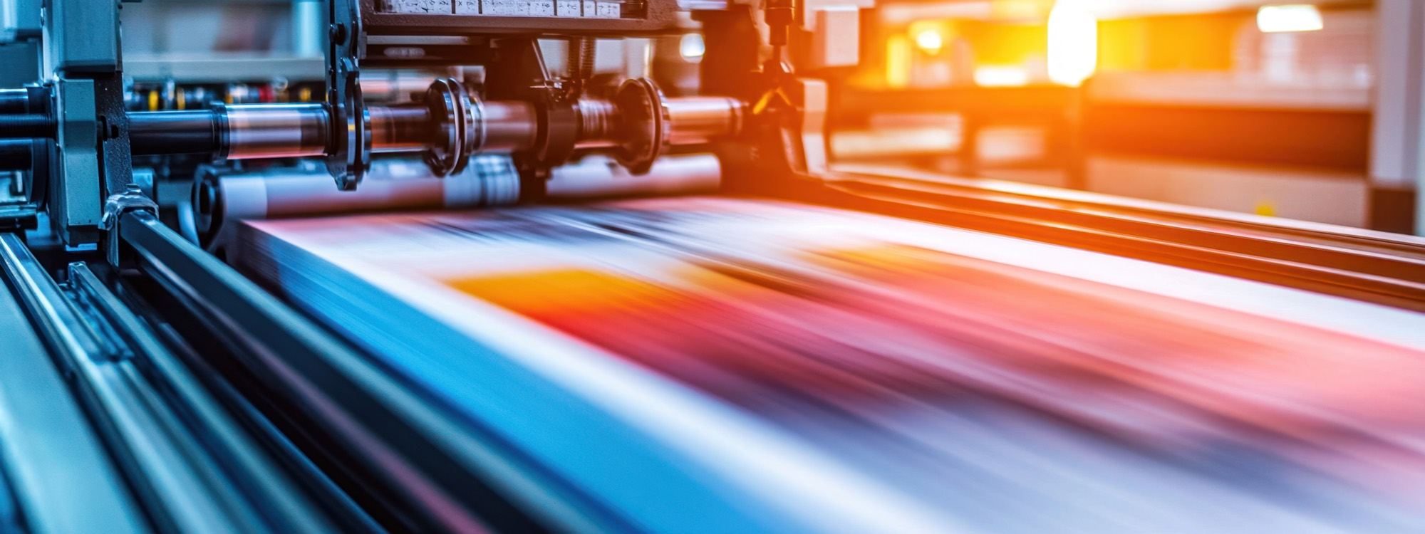 Printed sheets running through a press at speed.