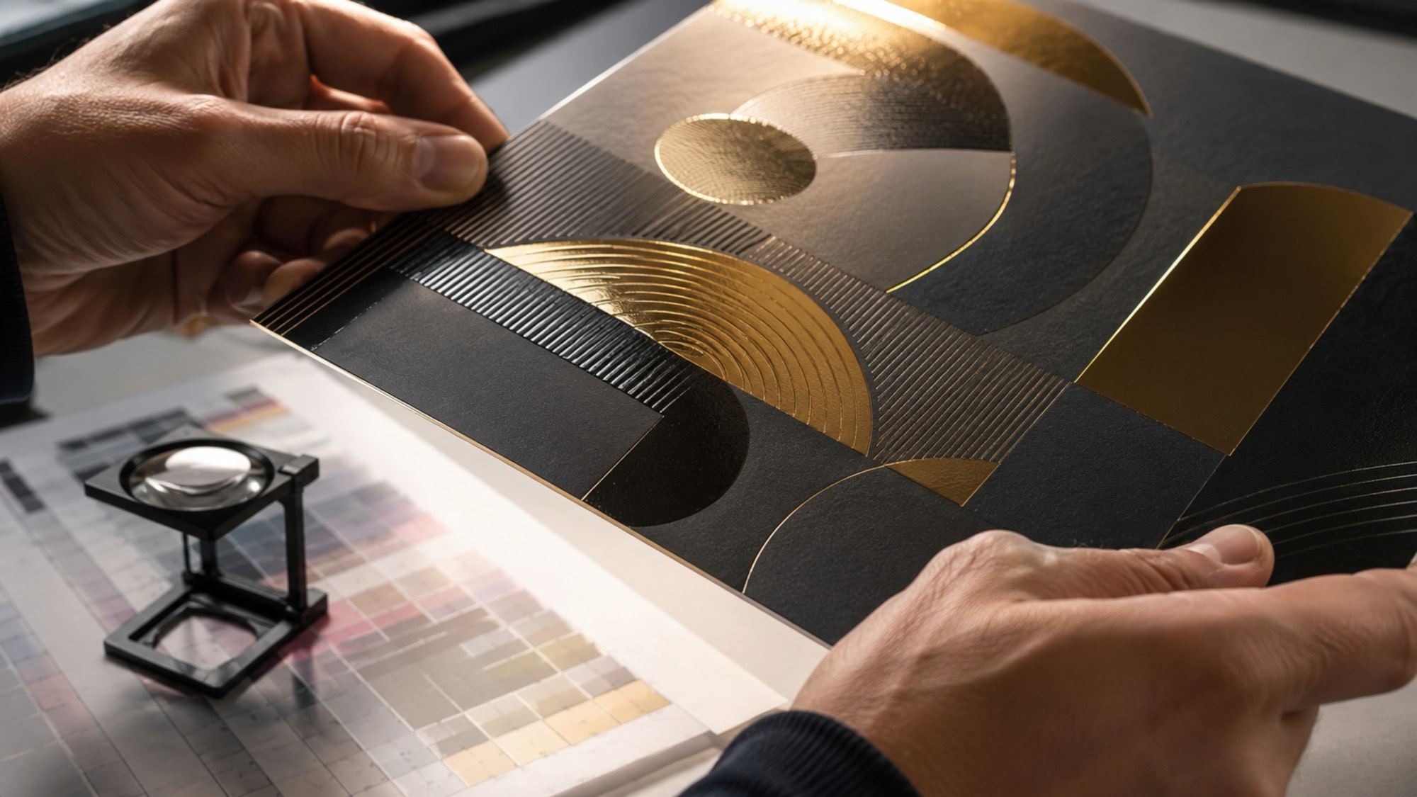 Hands inspecting a black and gold foiled press sheet above a printed colour chart and a loupe.