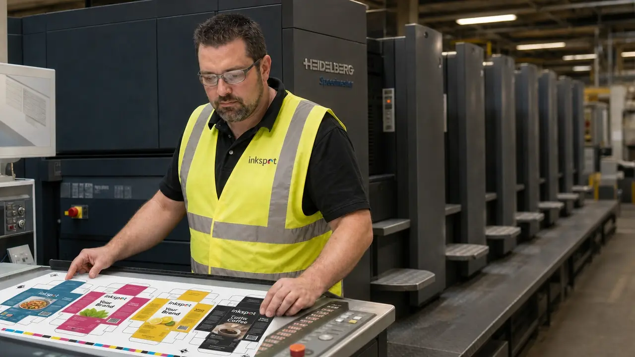 A press operator checking a printed sheet of cartons at the console of a multi-colour offset press.
